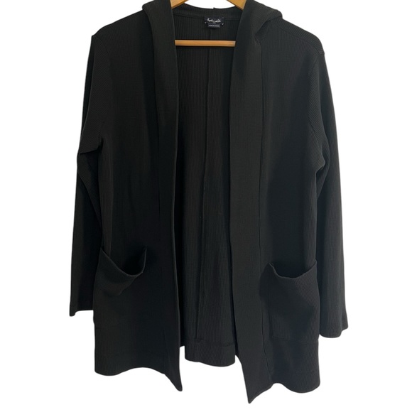 Splendid Waffle Knit Black Hooded Cardigan Size L - Picture 2 of 5